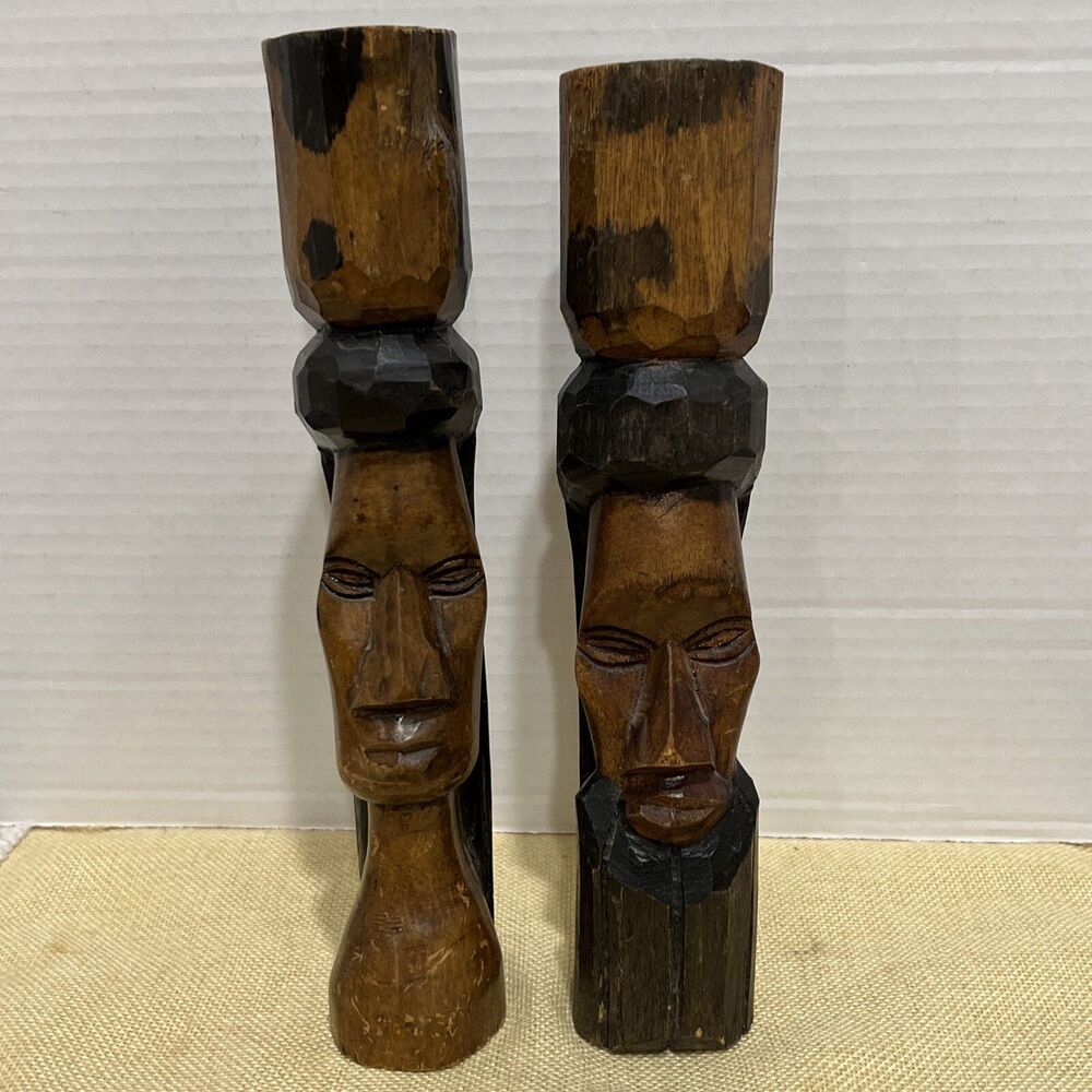 JAMAICA WOOD SCULPTURE 9.5" Mens Woman Figurine Hand Carved Brown Black